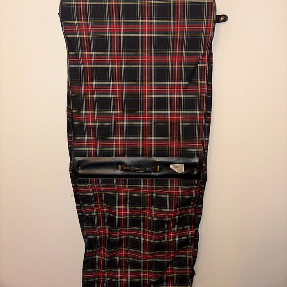 Vintage Tartan Plaid Hanging Suit Garment Bag - Leather Handle Original Hardware - Picture 4 of 12